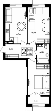 Планировка 2-комн 63,14 м²