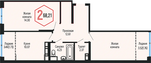 Планировка 2-комн 68,21 м²