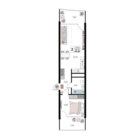 Планировка Апартамент 63,4, 63,5 м²