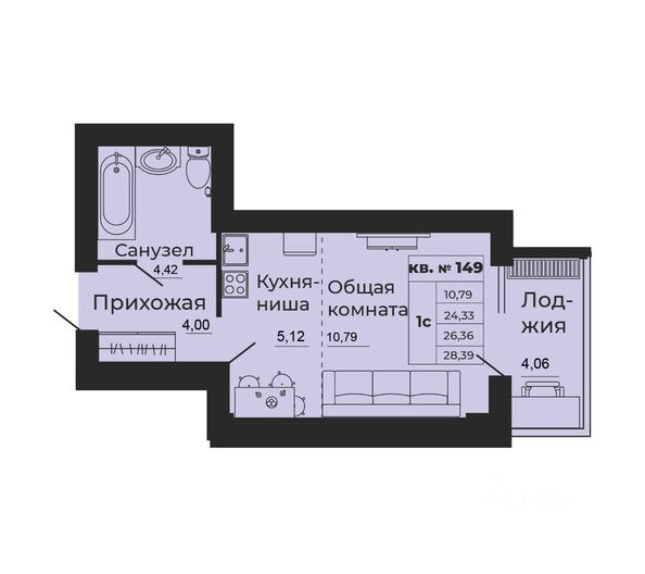 Планировка Студия 26,36, 26,57 м²