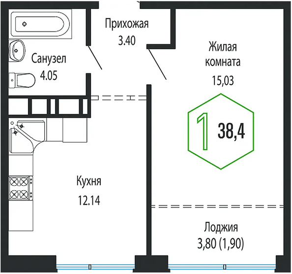 Планировка 1-комн 38,4 м²