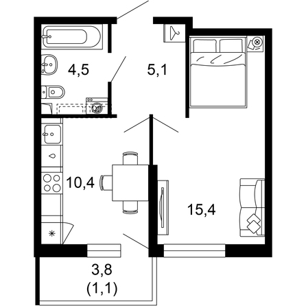 Планировка 1-комн 36,5 м²