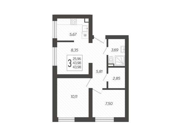 Планировка 3-комн 43,98 м²