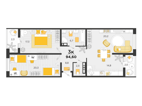 Планировка 3-комн 94,6 м²