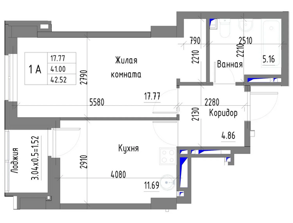 Планировка 1-комн 42,52 м²