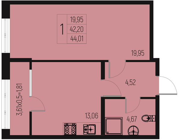 Планировка 1-комн 44,01 м²