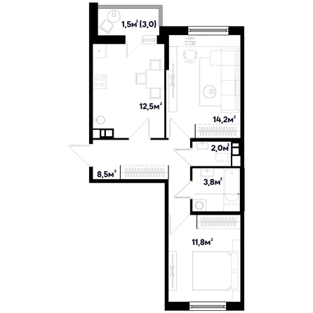 Планировка 2-комн 54,3 м²