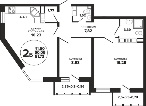 Планировка 2-комн 61,73 м²