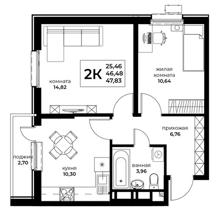Планировка 2-комн 47,83 м²