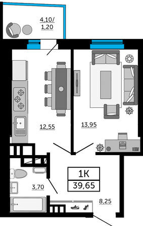 Планировка 1-комн 39,4, 39,65 м²