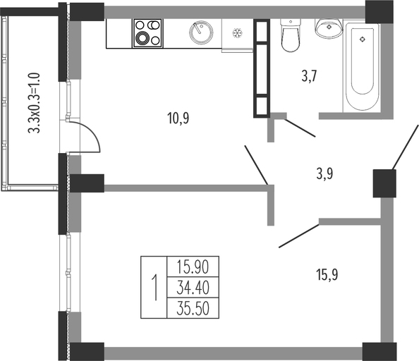 Планировка 1-комн 35,5 м²