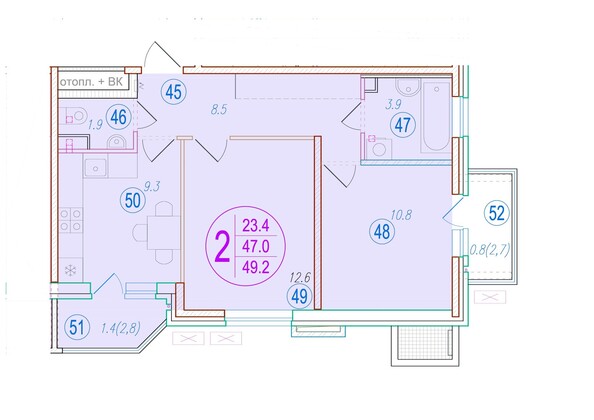 Планировка 2-комн 49,2 м²