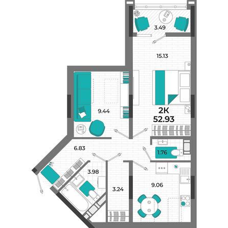 Планировка 2-комн 52,93 м²