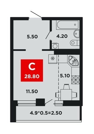 Планировка Студия 28,8, 29 м²