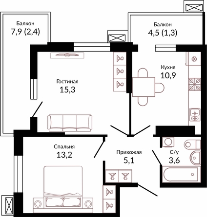 Планировка 2-комн 51,8 м²