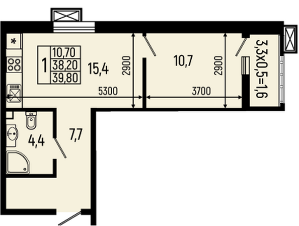 Планировка 1-комн 39,8 м²