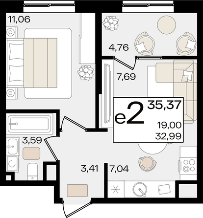 Планировка 2-комн 35,37 м²