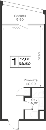 Планировка 1-комн 38,5 м²