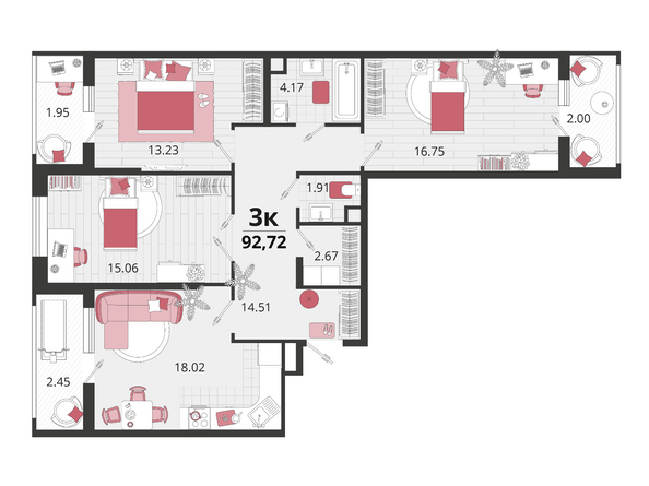 Планировка 3-комн 92,72 м²