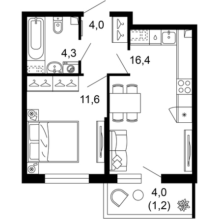 Планировка 1-комн 37,5 м²