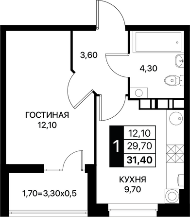 Планировка 1-комн 31,4 м²