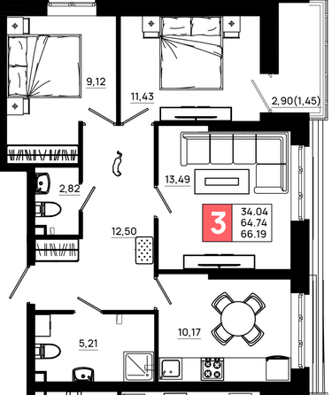 Планировка 3-комн 66,19 м²
