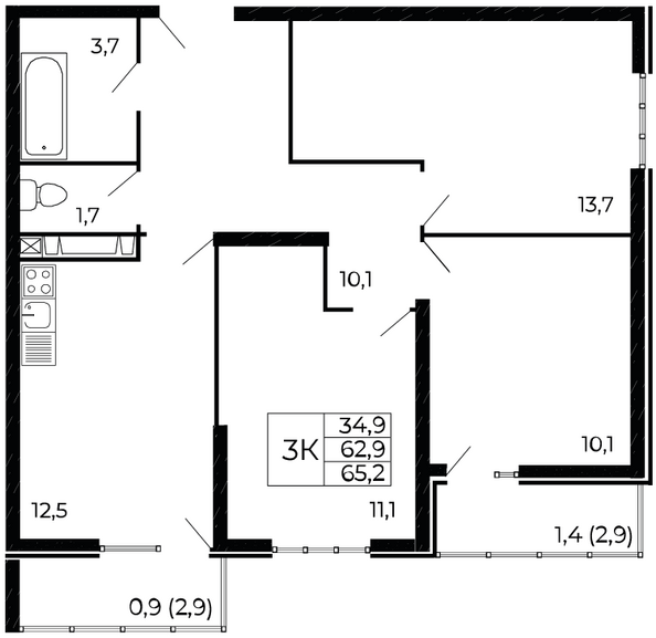 Планировка 3-комн 65,2 м²