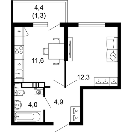 Планировка 1-комн 34, 34,1 м²