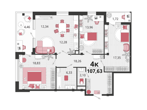 Планировка 4-комн 107,63 м²