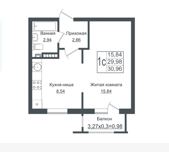 Планировка 1-комн 30,96 м²