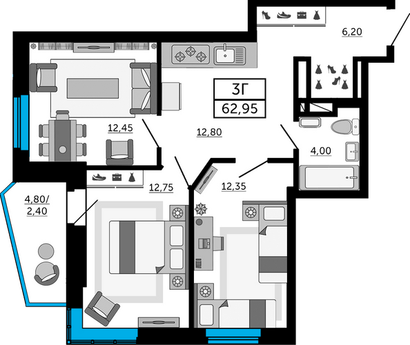 Планировка 3-комн 62,8, 62,95 м²