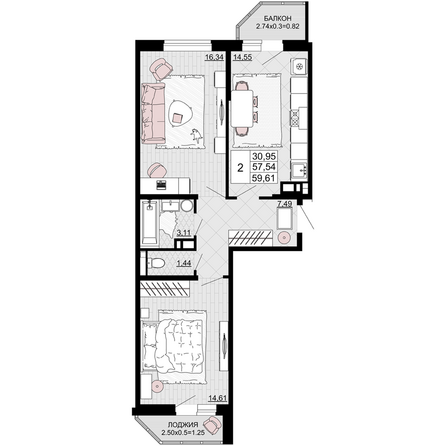 Планировка 2-комн 59,61 м²