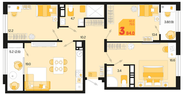 Планировка 3-комн 84 м²