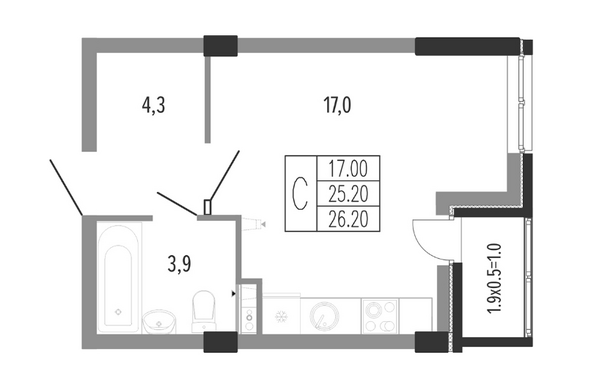 Планировка Студия 26,2 м²