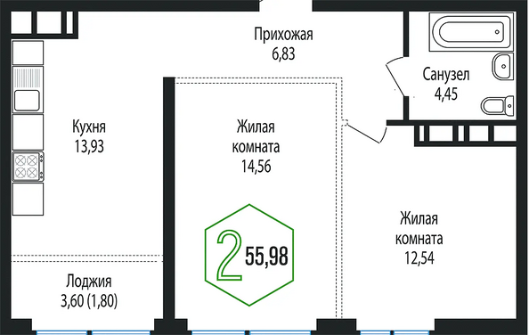 Планировка 2-комн 55,98 м²