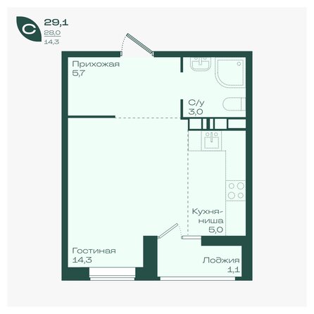 Планировка 1-комн 29,1, 29,6 м²