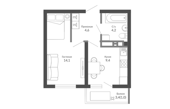 Планировка 1-комн 33,6 м²