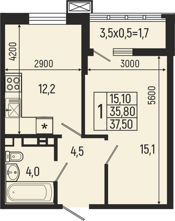 Планировка 1-комн 37,4, 37,5 м²