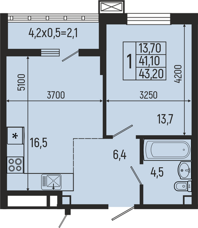 Планировка 1-комн 43,2 м²