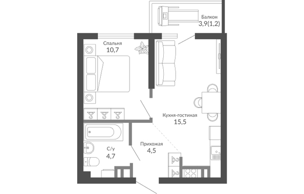 Планировка 1-комн 36,6 м²