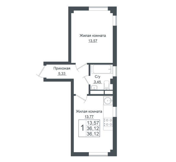 Планировка 1-комн 36,12, 36,52 м²