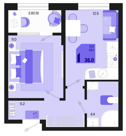 Планировка 1-комн 36 м²