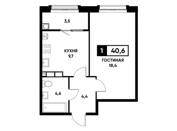 Планировка 1-комн 40,6 м²