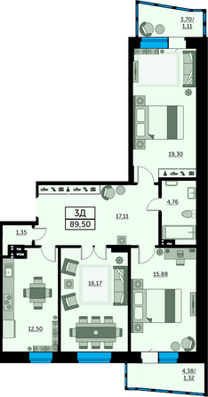 Планировка 3-комн 88,97, 89,56 м²