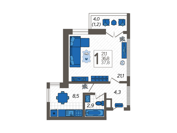 Планировка 1-комн 37,8 м²