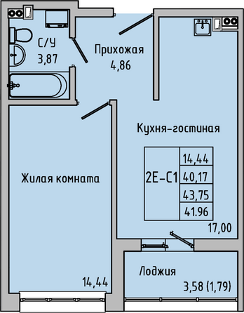 Планировка 2-комн 43,75 м²