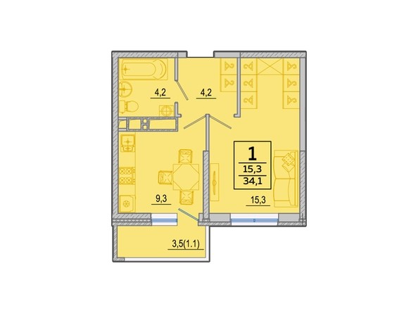 Планировка 1-комн 34,1 м²