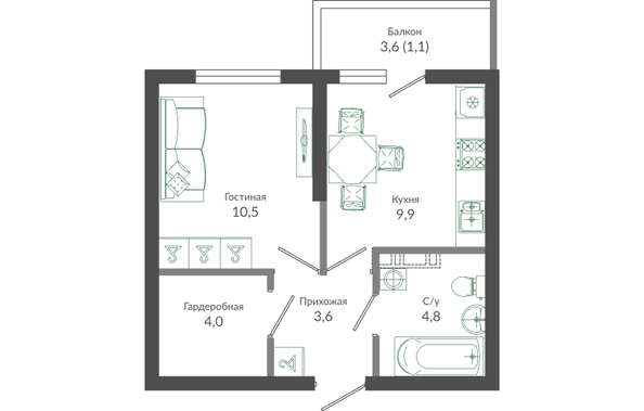 Планировка 1-комн 33,9 м²