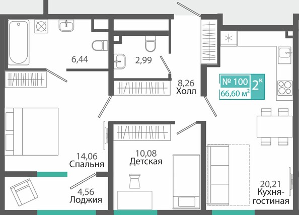 Планировка 2-комн 66,6 м²
