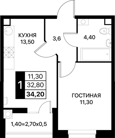 Планировка 1-комн 34,2 м²